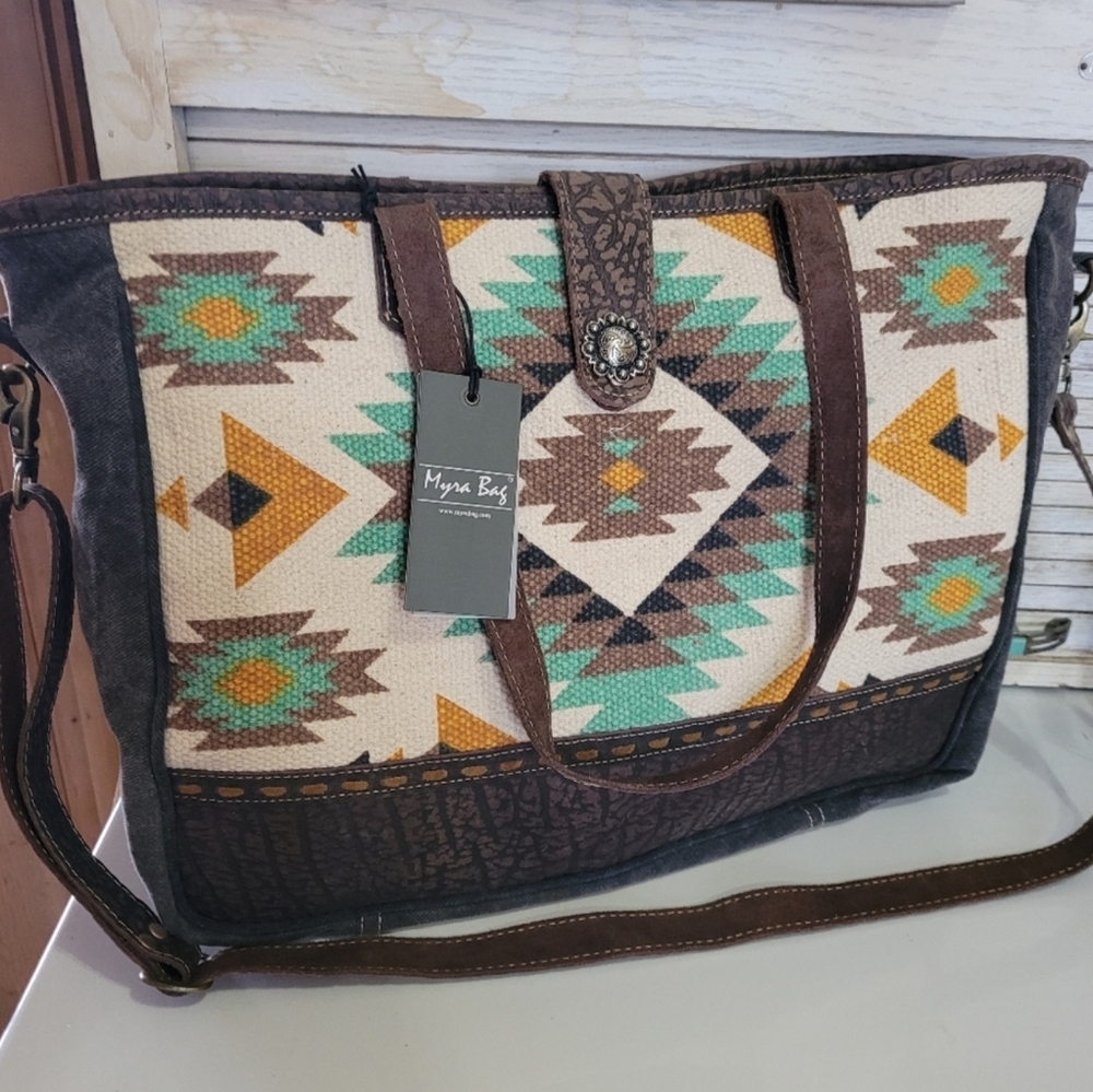 Myra Bag Leather & Canvas Tote Bag NWT